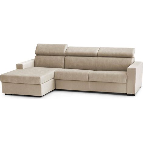 Talamo Italia - Divano letto con penisola Aloet, Sofà apertura girevole, Penisola contenitore Sinistra, Braccioli slim, 100% Made in Italy, Cm 260x95h85, Beige