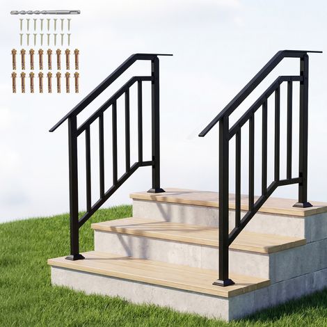 Lot de 2 Rampe Escalier en Métal pour 3 Marches, Main Courante pour Escalier, Garde Corps Rambarde Réglable en 5° - 40° pour béton, porche, Noir (1/5)