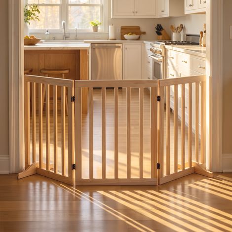 Barrière de Sécurité pour Chien Barrière Chien Sans Perçage Pliable et Autoportante 3 Panneaux 150 x 36 x 61 cm Naturel (1/5)