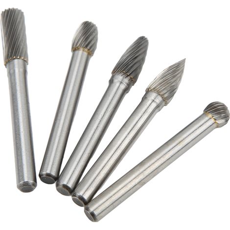 Lot de 5 fraises rotatives carbure de tungstène, queue 6mm/1/4in, coupe simple, pour polissage, meulage, sculpture sur bois et travail du bois. (1/5)