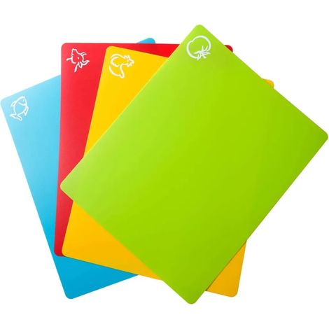 Flexible Kunststoff-Schneidebrettmatten, farbige Matten mit Lebensmittelsymbolen, BPA-frei, porenfrei, griffig und spülmaschinenfest, 4er-Set