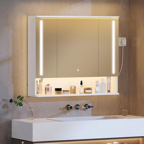 Armoire de Salle de Bain Miroir avec Éclairage LED, 3 Portes, Éclairage LED Haut et Bas, 3 Températures de Couleur Réglables, Étagères Ajustables, 21 x 90 x 76 cm, Blanc (1/5)