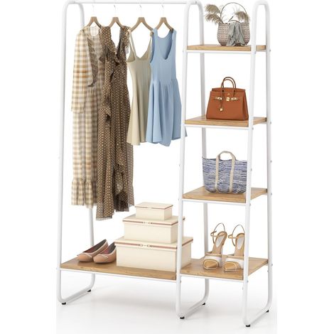 GOPLUS Penderie Portant à Vêtements-avec Tringle de Suspension et 5 Étagères-Porte-Vêtements Léger Autoportant en Métal Blanc (1/4)
