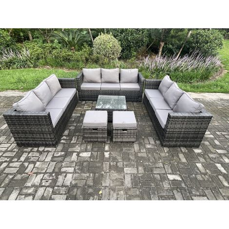Fimous Outdoor Rattan Garden Furniture Set 11 Seater Patio Lounge Sofa Set with Square Coffee Table 2 Small Footstool Dark Grey Mixed (1/5)