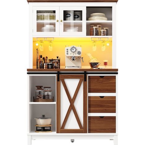 Armoire de cuisine haute blanche 180 cm avec éclairage LED, porte coulissante en verre et 3 tiroirs (1/5)