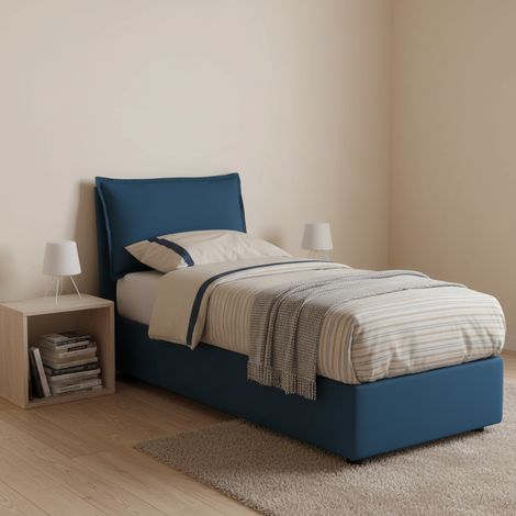 Talamo Italia - Letto singolo Ancara, Letto contenitore con rivestimento in tessuto, 100% Made in Italy, Apertura frontale, con materasso Cm 80x200 incluso, Blu (1/5)