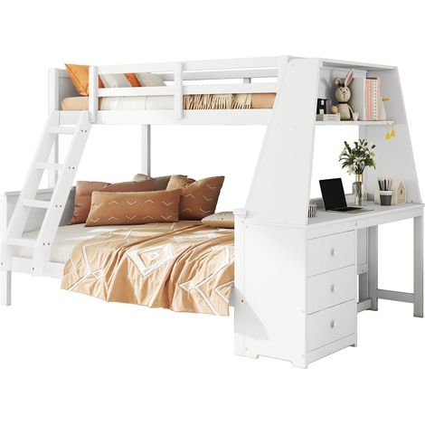 Lit Superposé 90/140x200cm - En Bois avec Bureau & Rangements - Pour Enfant, Chambre - Blanc (1/5)
