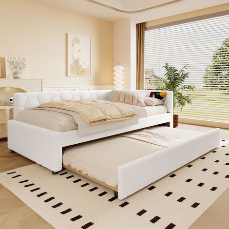 Lit Banquette Enfant 90x200 cm avec Lit Gigogne, Ports USB Type-C, Lampe Intégrée, Tissu Imitation Polaire MDF (1/5)