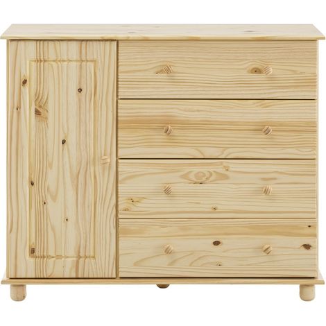 Commode de Rangement en Bois de Pin Massif Verni avec 4 Tiroirs et 1 Porte - PANGIVO (1/3)