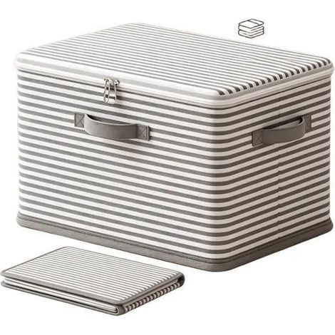 Boîte de rangement en tissu pliable pour armoire, fermeture éclair, gris rayé, rangement vêtements linges jouets (1/5)