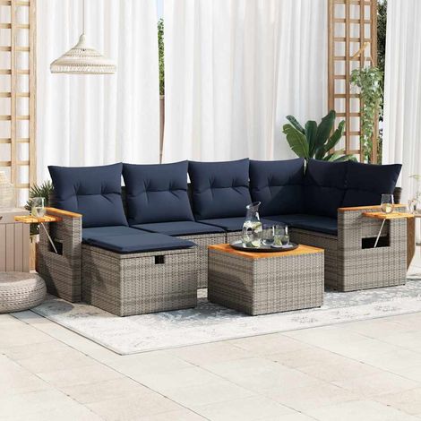 Set de sofás de jardín 7 pzas con cojines ratán sintético gris vidaXL (1/5)