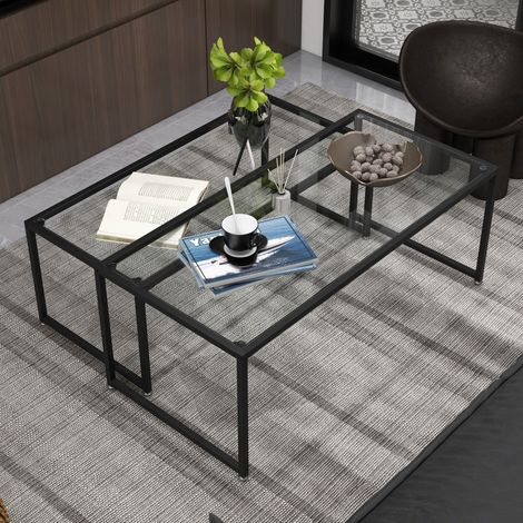 Lot de 2 tables basses en verre et acier noir pour salon et chambre (1/5)