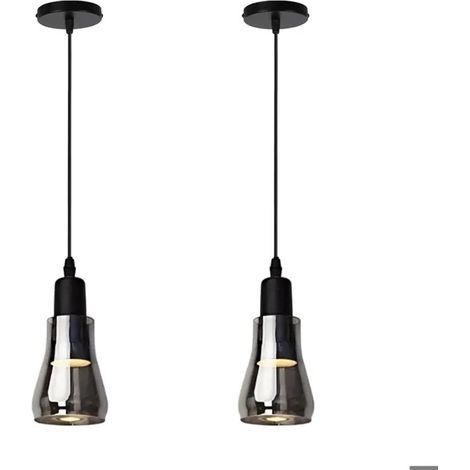Lot de 2 Rétro Lustre Suspension Intérieur en Verre LED Vintage Suspension Luminaire avec Abat-jour en Verre Noir,11x 9cm (1/5)