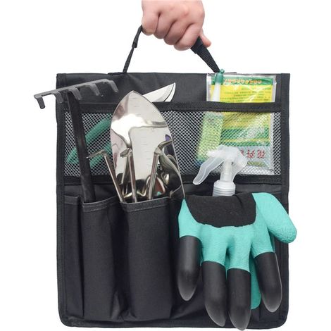 Sac à outils de jardin pliable (noir), organisateur suspendu portable pour chariot de jardin, sac de rangement plat pour outils (1/5)
