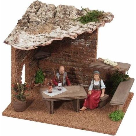 CANTINA PER PRESEPE O MEDELLISMO CON CONTADINI CHE PRANZANO 19 × 15 × 15 CM