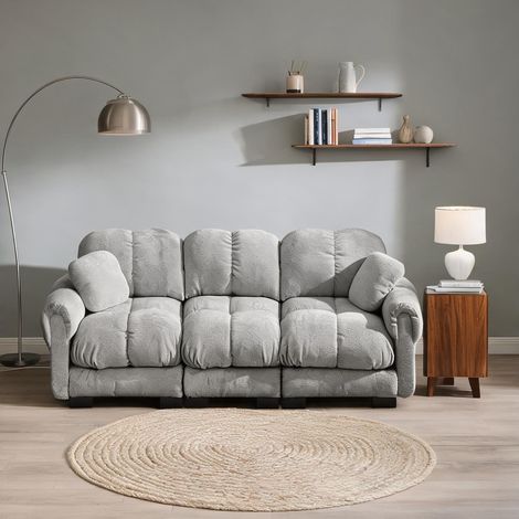 Canapé 3 places gris clair en chenille avec coussins design (1/5)