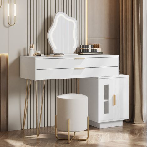 Coiffeuse 100/78/40 cm blanche avec miroir LED 3 couleurs et 2 tiroirs (1/5)