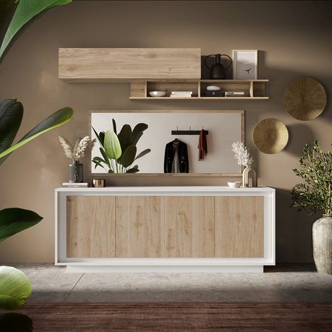 Buffet/bahut moderne 207 cm laqué blanc mat/chêne cadiz Rosine (1/4)