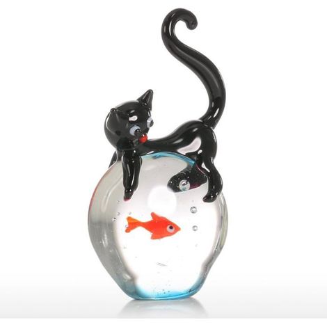 Chat et poisson rouge en verre soufflé, duo animalier artistique comme cadeau ou décoration maison (1/4)