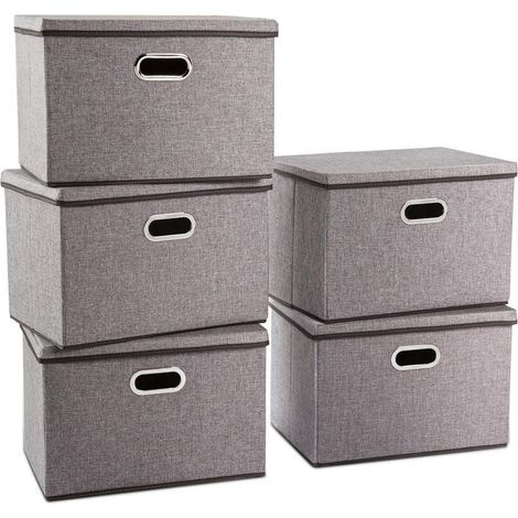 Large Collapsible Storage Containers with Lids [5 Pack] Collapsible Linen Fabric Storage Bins (45 x 30 x 30 cm) (1/5)