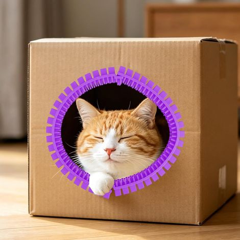Chat Auto Toilettage Arche pour Cartons, DIY Tunnel Auto Brossage Trou avec Positionneur Réduit Perte Poils Massage (1/5)