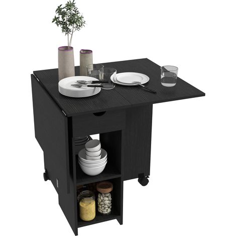 Table de Cuisine Extensible 2 à 4 Places 120 x 72 x 75 cm, 2 Abattants Rabattables, Coin Repas, Studio et Salon, Noir (1/5)