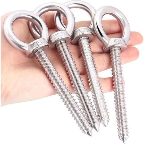 4 Pièces Gros Boulon M10 x 80mm, Oeillet A Visser Heavy Duty En Acier Inoxydable, Anneau De Levage Argenté M10, Piton à Visser pour Hamacs, Stores, Chaises Suspendues, Chaises à Bascule- (1/4)