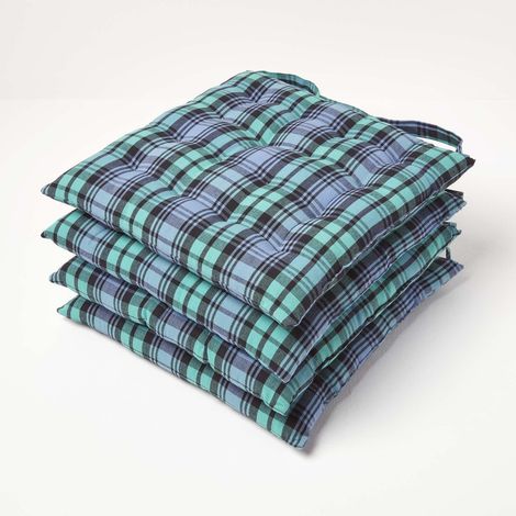 HOMESCAPES Blackwatch Tartan Seat Pad with Button Straps 100% Cotton 40 x 40 cm Set of 4