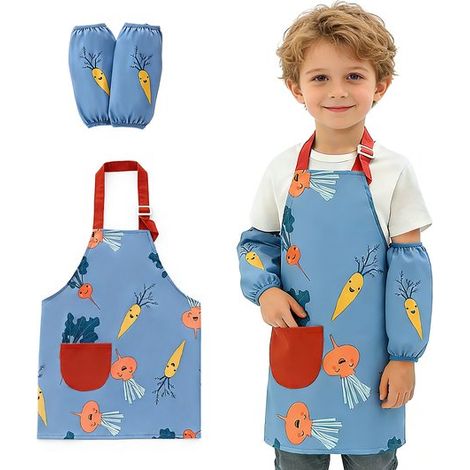 Set composto da grembiule e maniche regolabili e impermeabili per bambini. Grembiule da cucina con tasche per bambini e bambine, ideale per cucinare, preparare dolci, dipingere e fare giardinaggio. (1/5)