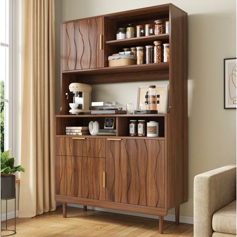 Credenza alta 100x32x170 cm, con ripiani aperti, cassetto e ante, MDF e truciolato, noce (1/5)