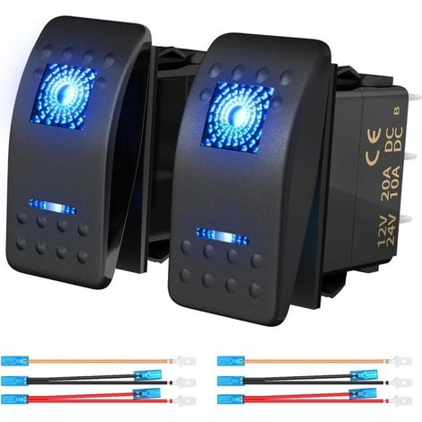 2 interrupteurs à bascule marins, 12 V CC / 24 V CC, 20 A / 10 A, LED bleue, étanchéité IP66, pour barres lumineuses LED et véhicules tout-terrain (1/5)