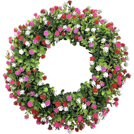 Couronne de fleurs artificielles réutilisable (28 cm, rose et blanc) - Guirlande d'eucalyptus artificiel - Fausse verdure - Couronne de fleurs colorées (1/5)