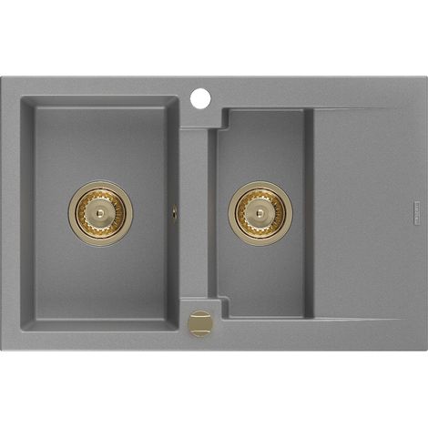 Mexen Gaspar évier en granit à 1,5 cuvette avec égouttoir 737 x 475 mm, Gris, siphon Or - 6507731505-71-G (1/5)