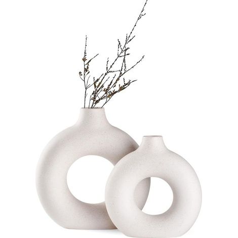 Lot de 2 vases en céramique en Donut Blanc pour décoration d'intérieur Moderne, vases Ronds Mats pour Herbe de la Pampa, Style Minimaliste Nordique Neutre (Grand+Petit) (1/5)
