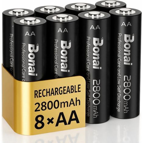 Lot de 8 Piles Rechargeables AA 2800mAh, Batteries Ni-MH 1.2V Haute Capacité, 1200 Cycles, Faible Auto-Décharge, Idéales pour Appareils Photo, Jouets, Manettes