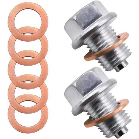 2 tappi di scarico olio magnetici M14x1.5, vite in acciaio inox per coppa dell'olio, tappo con 5 rondelle in rame, tappo di scarico per auto, moto e barche (1/5)