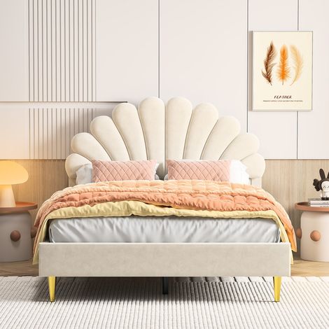 Lit de Pétales 140 x 200 cm, Lit en Forme de Coquillage avec Sommier à Lattes, Lit Rembourré, Lit pour Adolescente, Velours, Matelas non Inclus, Beige (1/5)