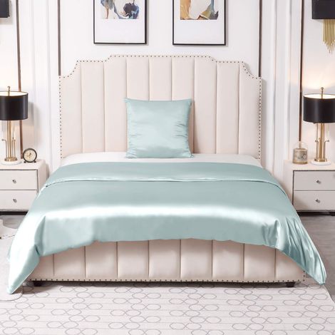 Parure de lit en soie véritable 135 x 200 cm, housse de couette 135 x 200 cm et taie d'oreiller 80 x 80 cm, hypoallergénique, ultra douce et lisse, bleu clair (1/5)