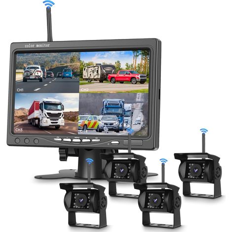 Sans Fil Caméra de Recul 4 Caméra Kit avec 7 Pouces Moniteur, Sans Fil Caméra de Recul Vision Nocturne, IP68 Étanche, BSD, Image Filp Aide au Stationnement pour Camion/Bus/SUV/Remorque/Camper/Caravane (1/5)