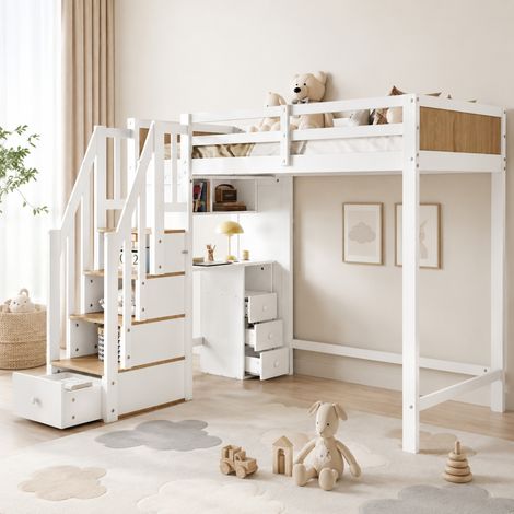 Kinder-Hochbett 90x200 mit Schreibtisch, 3 Schubladen und Stauraumtreppe, weiß/holz HAVRYA (1/5)
