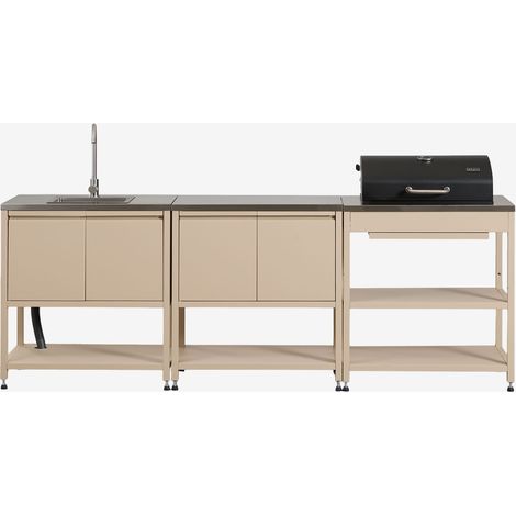 Cuisine modulaire d'extérieur 3 pièces avec évier, rangement et barbecue au charbon en acier Savona SKLUM Tapioca Beige (1/5)