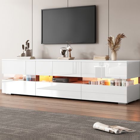 Meuble TV en panneaux de particules blanc brillant 160x39x45 cm, LED, 2 portes, 1 tiroir, niche ouverte (1/5)