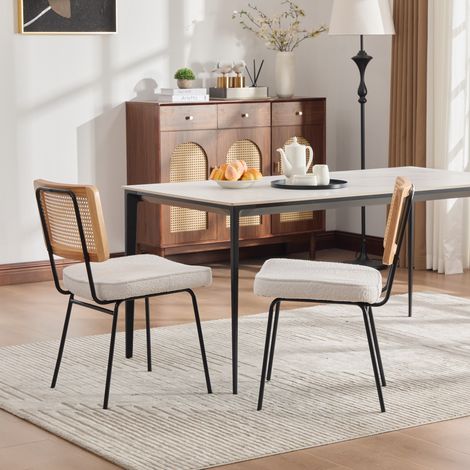 Lot de 2 chaises à manger en chenille sans accoudoirs. Cadre bois massif effet rotin,pieds métalliques ajustables,teinte ivoire élégante. (1/5)