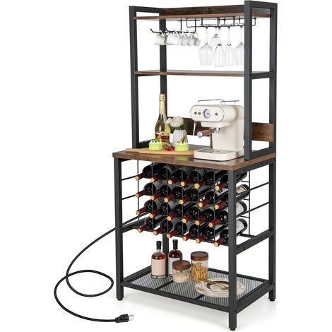 GOPLUS Étagère Range Bouteille à 4 Niveaux 76x48x162,5CM-Porte-bouteille 9 Verres et 24 Bouteilles-Station de Charge Intégrée Marron (1/5)