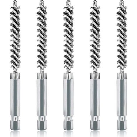 Lot de 5 brosses de nettoyage en acier inoxydable de 8mm avec poils en acier inoxydable pour perceuse électrique. brosse métallique abrasive avec tige hexagonale de 6.35 mm (1/5)