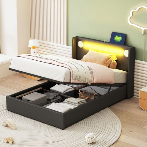 lit adulte rangement 90x200 PU cuir noir LED Bluetooth HAVRYA (1/5)