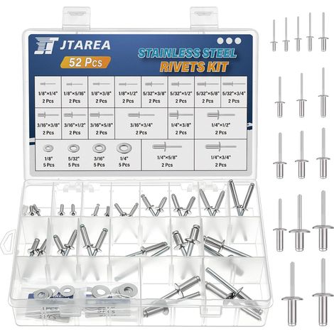 16Tailles Rivets Aveugles en Acier Inoxydable 3,2mm 4mm 4,8mm 6,4mm Rivet Pop Tete Large à Extrémité Ouverte Kit avec Rondelle (1/5)