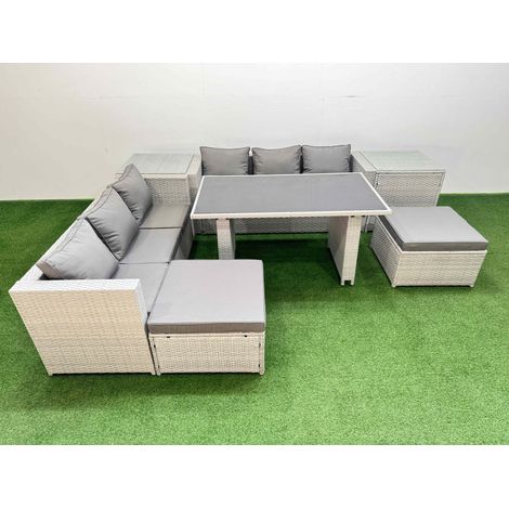 Fimous Rattan Garden Furniture Dining Set 8-seater Patio Rectangular Table Sofa Set with 2 Side Tables 2 Big Stools Light Grey (1/5)
