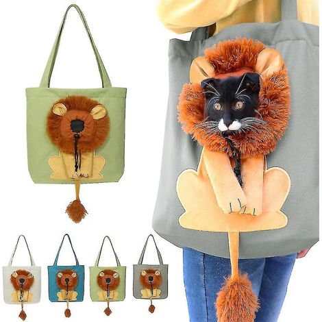 Schultertasche aus Canvas für Haustiere – Niedliche, löwenförmige Umhängetasche – Tragbare Brusttasche für kleine Hunde und Katzen – Haustierzubehör – Grün