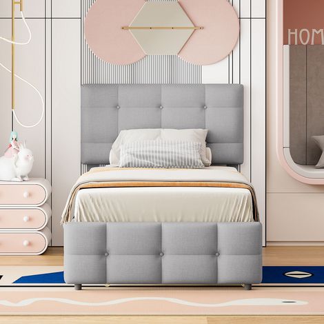 Lit gigogne enfant 90x200 cm gris, lit rembourré en lin avec lit d’appoint escamotable 90x190 cm, tête de lit réglable, sommier inclus, sans matelas (1/5)